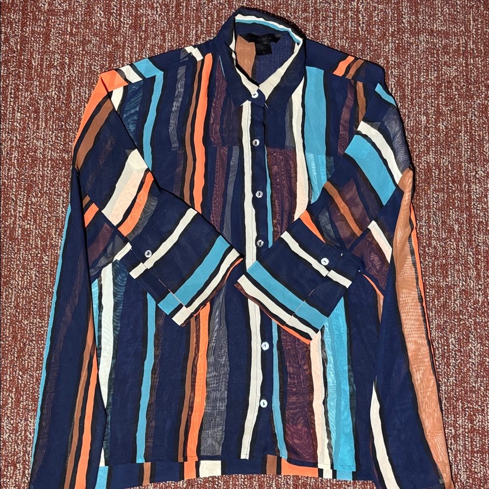 Sheer long sleeve button down boxy blouse blue/orange relaxed layering top small